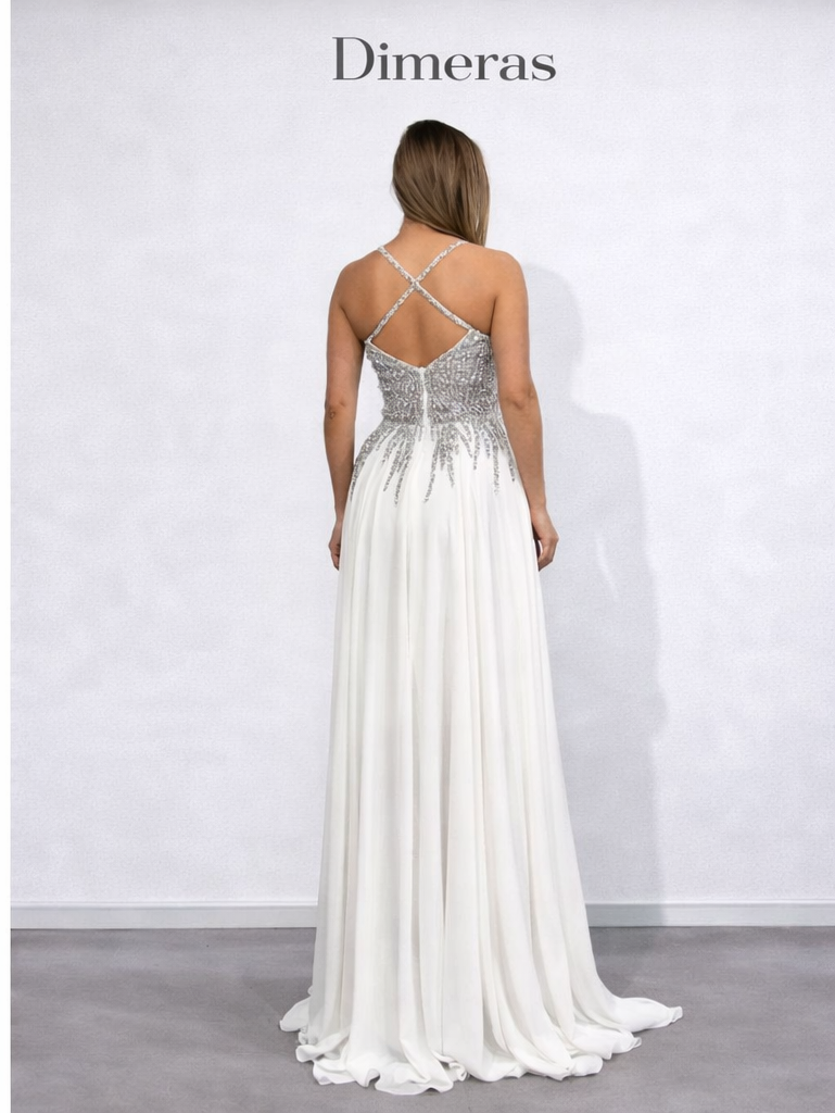 Dimeras Elegantes Glitzer-Abendkleid mit Trägern – Weißes Maxikleid mit Kristallbesatz