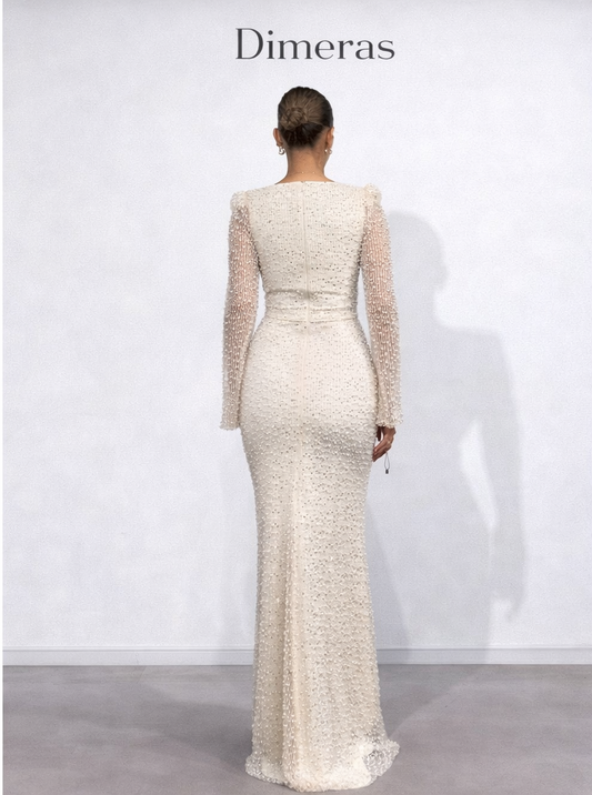 Elegantes Perlen-Abendkleid mit Transparenten Ärmeln – Luxus Maxi Kleid | Dimeras