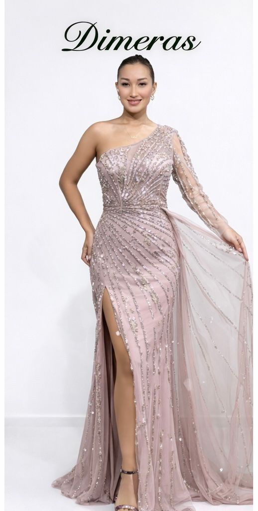 Dimeras One-Shoulder Abendkleid mit Pailletten, Schlitz & Tüll