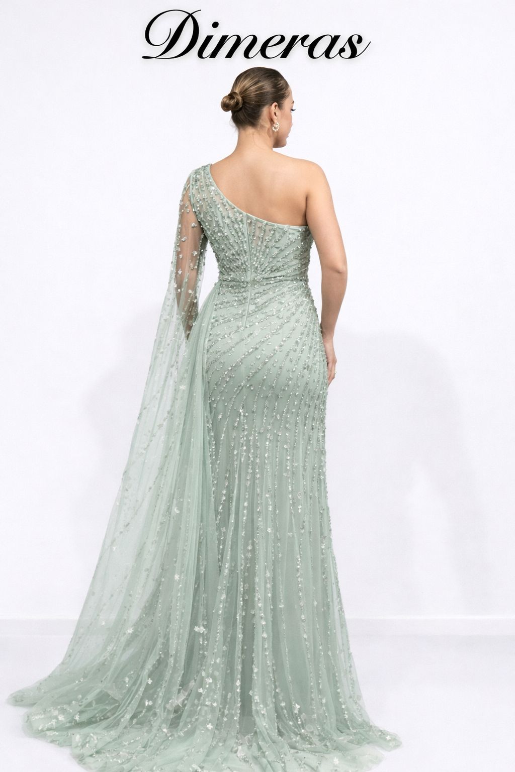 Dimeras One-Shoulder Abendkleid mit Pailletten, Schlitz & Tüll