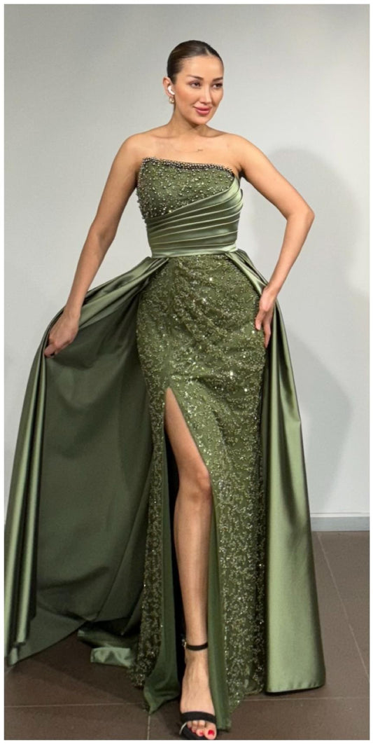 Elegantes Abendkleid Olivgrün – Trägerloses Design mit edler Stickerei