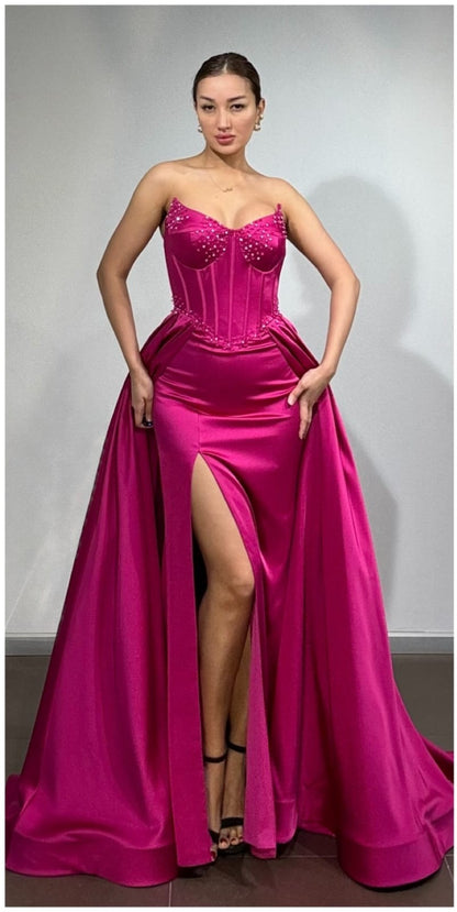 Corsagen Abendkleid Damen, Satin Abendkleid, Trägerloses Abendkleid, Ballkleid lang, Abendkleid mit Schlitz, Dimeras Abendmode