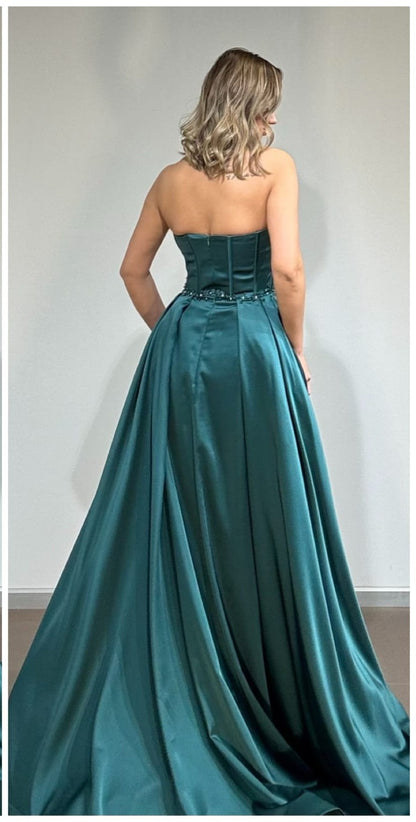 Corsagen Abendkleid Damen, Satin Abendkleid, Trägerloses Abendkleid, Ballkleid lang, Abendkleid mit Schlitz, Dimeras Abendmode