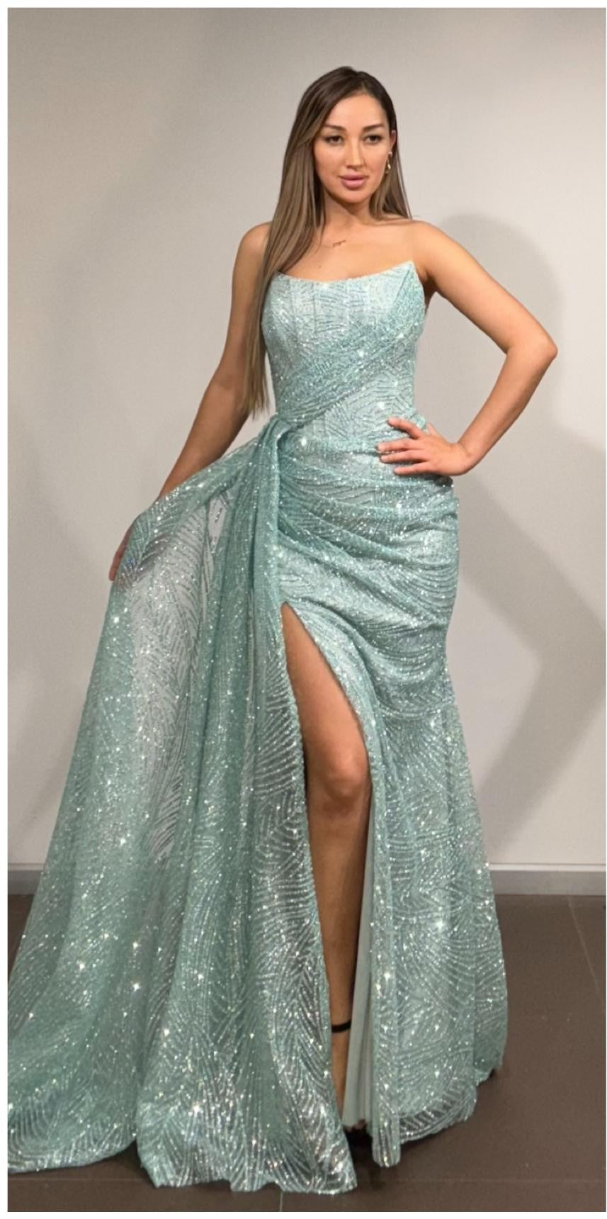 Pailletten Abendkleid Damen, Trägerloses Abendkleid, Glamour Ballkleid, Abendkleid mit Schlitz, Elegantes Abendkleid Hochzeit, Dimeras Abendmode