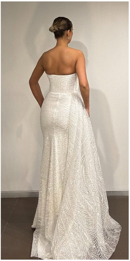 Pailletten Abendkleid Damen, Trägerloses Abendkleid, Glamour Ballkleid, Abendkleid mit Schlitz, Elegantes Abendkleid Hochzeit, Dimeras Abendmode