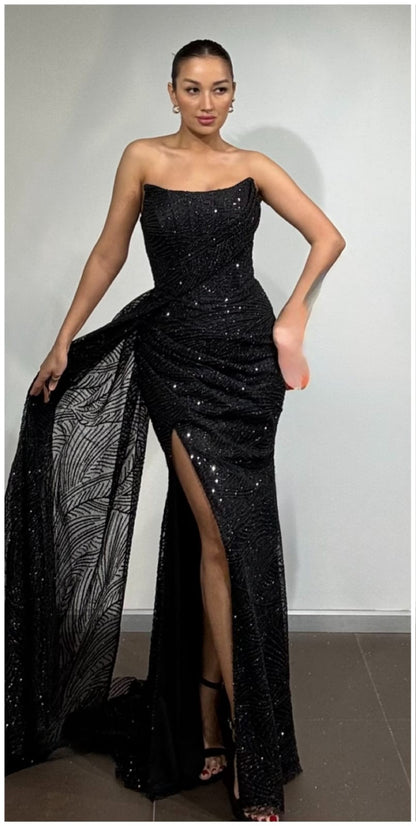 Pailletten Abendkleid Damen, Trägerloses Abendkleid, Glamour Ballkleid, Abendkleid mit Schlitz, Elegantes Abendkleid Hochzeit, Dimeras Abendmode