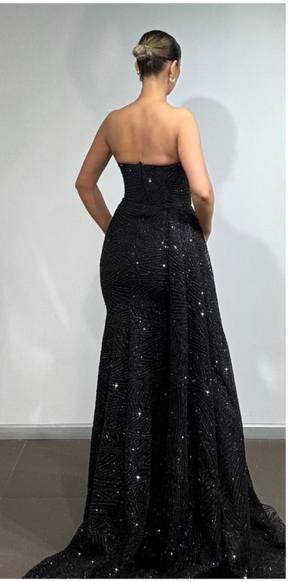 Pailletten Abendkleid Damen, Trägerloses Abendkleid, Glamour Ballkleid, Abendkleid mit Schlitz, Elegantes Abendkleid Hochzeit, Dimeras Abendmode