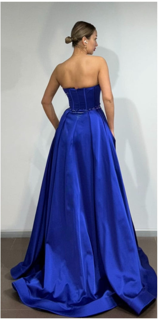 Corsagen Abendkleid Damen, Satin Abendkleid, Trägerloses Abendkleid, Ballkleid lang, Abendkleid mit Schlitz, Dimeras Abendmode