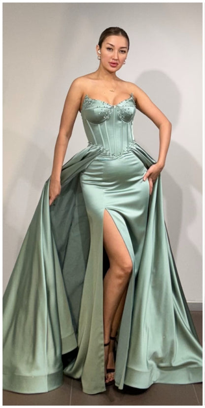 Corsagen Abendkleid Damen, Satin Abendkleid, Trägerloses Abendkleid, Ballkleid lang, Abendkleid mit Schlitz, Dimeras Abendmode