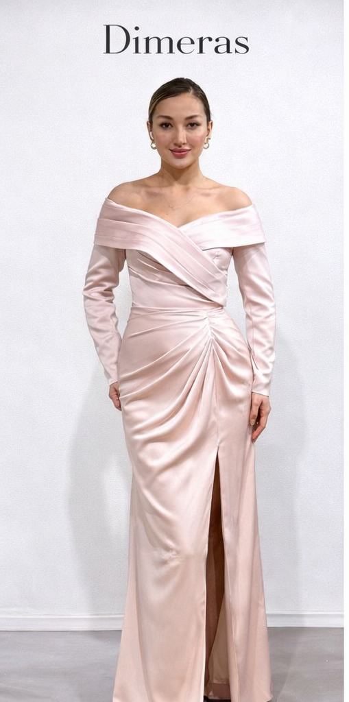 DIMERAS Elegantes Off-Shoulder Abendkleid – Satin Optik, Langarm, Schlitz | Festliches Maxikleid