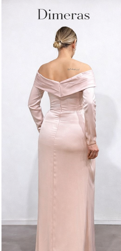 DIMERAS Elegantes Off-Shoulder Abendkleid – Satin Optik, Langarm, Schlitz | Festliches Maxikleid