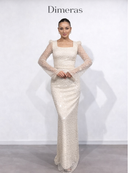 Elegantes Perlen-Abendkleid mit Transparenten Ärmeln – Luxus Maxi Kleid | Dimeras