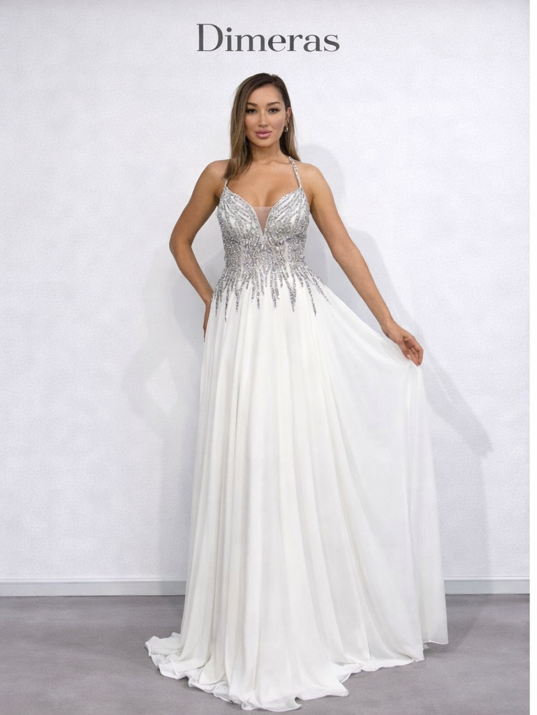 Dimeras Elegantes Glitzer-Abendkleid mit Trägern – Weißes Maxikleid mit Kristallbesatz