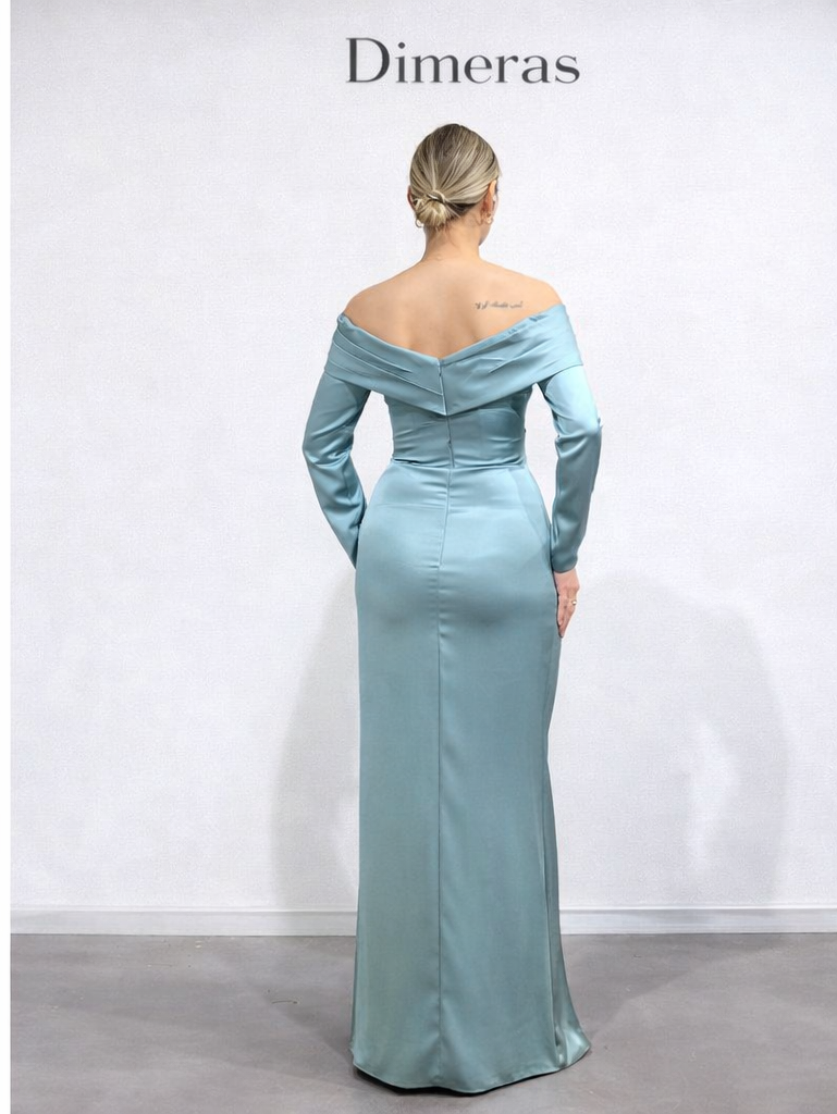DIMERAS Elegantes Off-Shoulder Abendkleid – Satin Optik, Langarm, Schlitz | Festliches Maxikleid