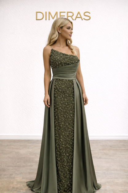 فستان سهرة أنيق بلون الزيتوني - تصميم بدون حمالات مع تطريز رائع