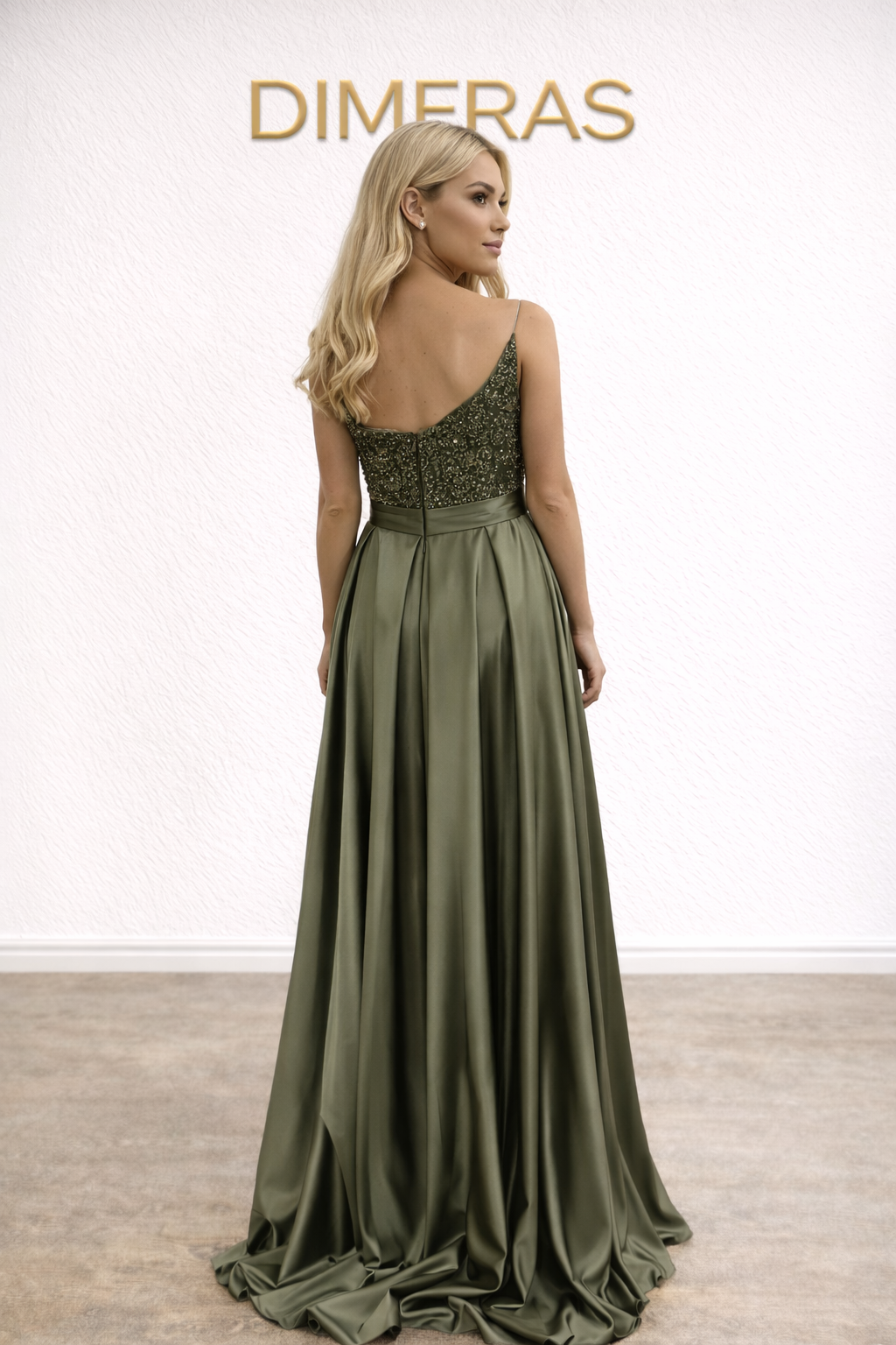 فستان سهرة أنيق بلون الزيتوني - تصميم بدون حمالات مع تطريز رائع