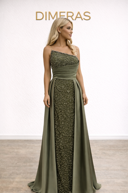 Elegantes Abendkleid Olivgrün – Trägerloses Design mit edler Stickerei
