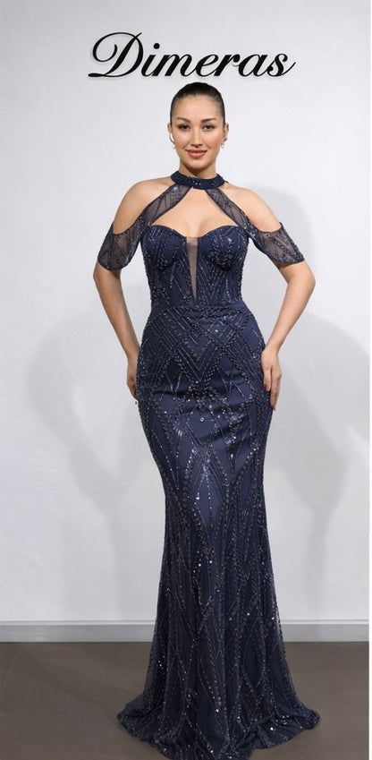 Dimeras Elegantes Abendkleid mit Glitzersteinen – Halterneck, Transparent & Figurbetont