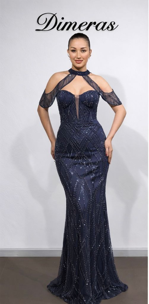 Dimeras Elegantes Abendkleid mit Glitzersteinen – Halterneck, Transparent & Figurbetont