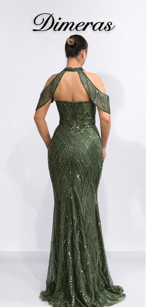 Dimeras Elegantes Abendkleid mit Glitzersteinen – Halterneck, Transparent & Figurbetont