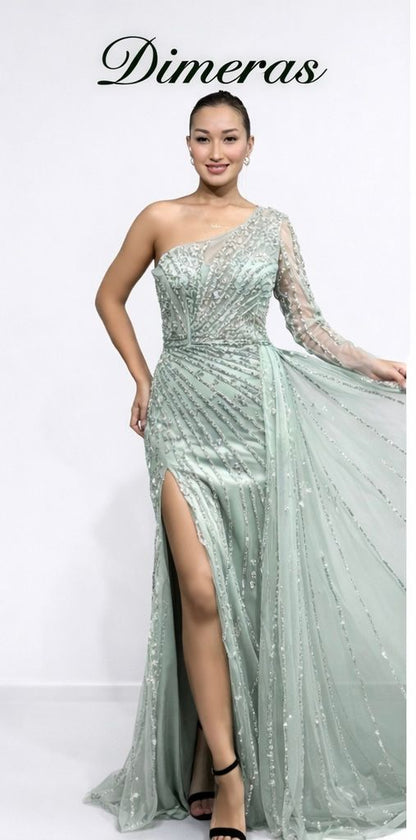 Dimeras One-Shoulder Abendkleid mit Pailletten, Schlitz & Tüll