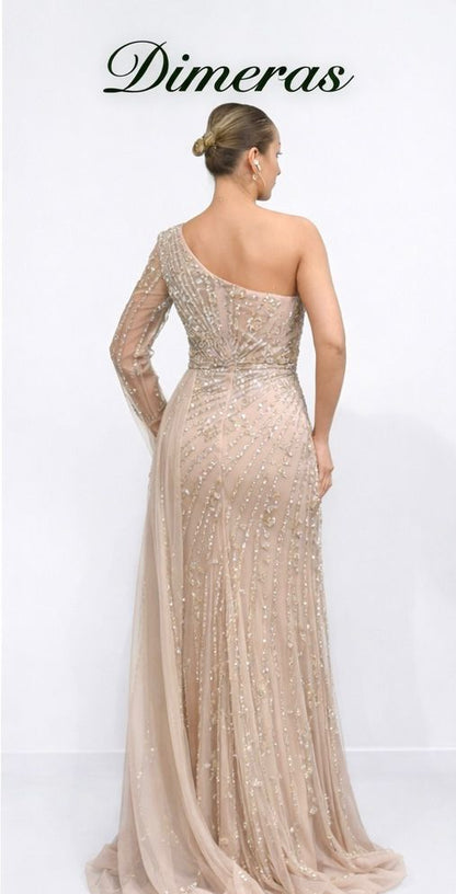 Dimeras One-Shoulder Abendkleid mit Pailletten, Schlitz & Tüll