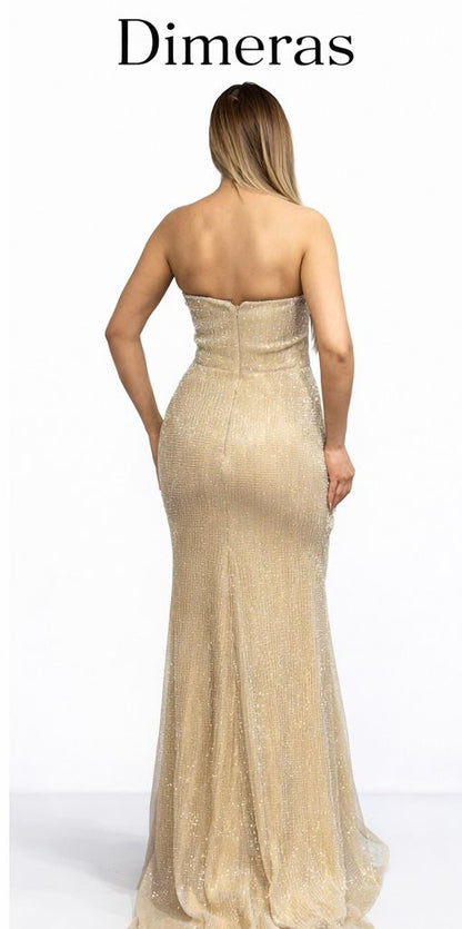 Dimeras Elegantes One-Shoulder Abendkleid mit Schlitz – Glitzerndes Maxikleid