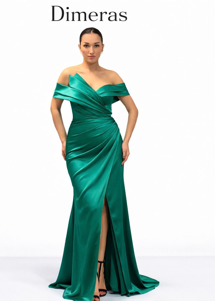 Dimeras Elegantes Schulterfreies Abendkleid mit Drapierung & Schlitz