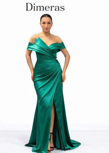 Dimeras Elegantes Schulterfreies Abendkleid mit Drapierung & Schlitz