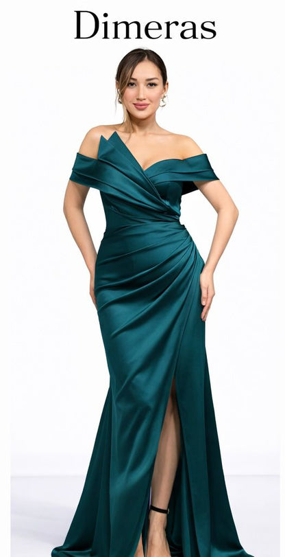 Dimeras Elegantes Schulterfreies Abendkleid mit Drapierung & Schlitz