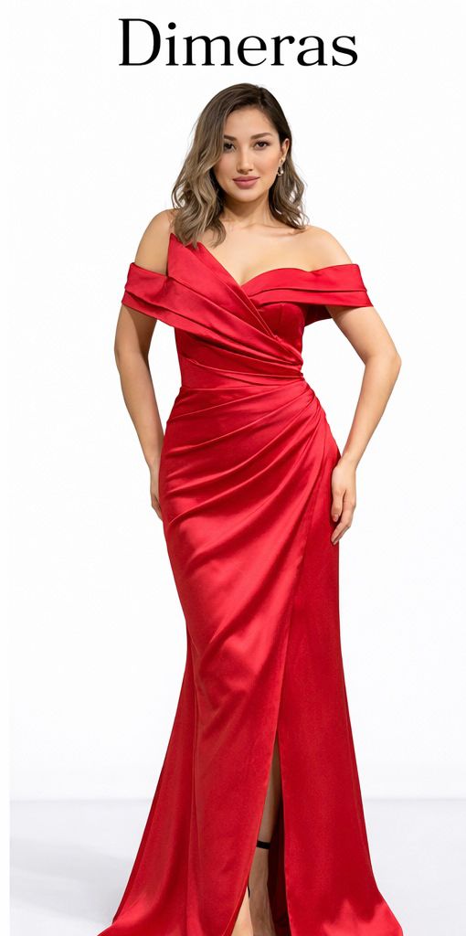 Dimeras Elegantes Schulterfreies Abendkleid mit Drapierung & Schlitz