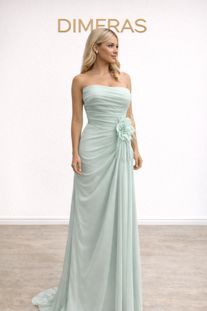 Elegantes trägerloses Abendkleid in Mintgrün – Langes Chiffonkleid für Hochzeit & besondere Anlässe