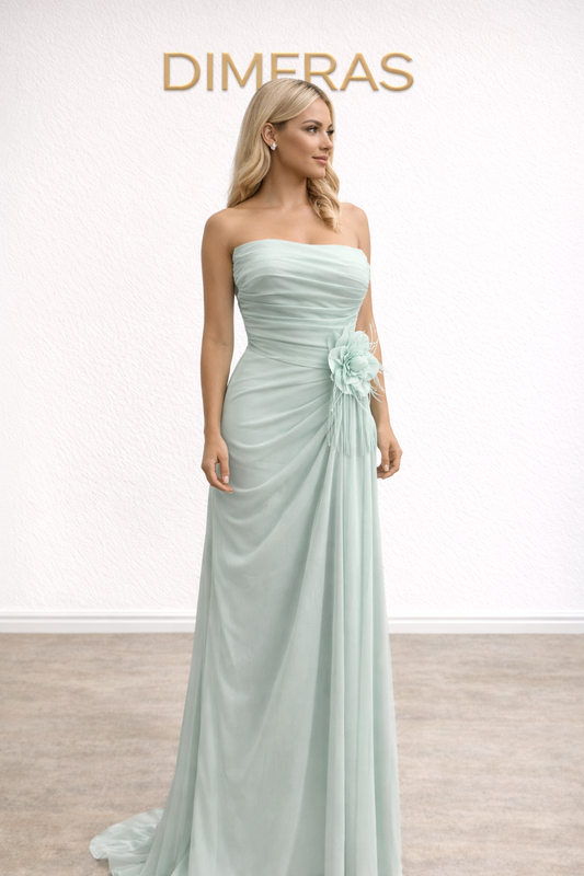 Elegantes trägerloses Abendkleid in Mintgrün – Langes Chiffonkleid für Hochzeit & besondere Anlässe
