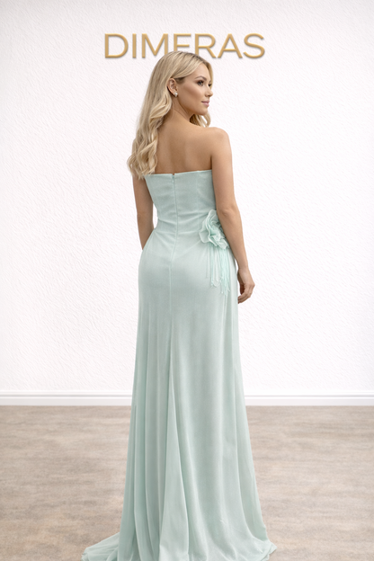 Elegantes trägerloses Abendkleid in Mintgrün – Langes Chiffonkleid für Hochzeit & besondere Anlässe